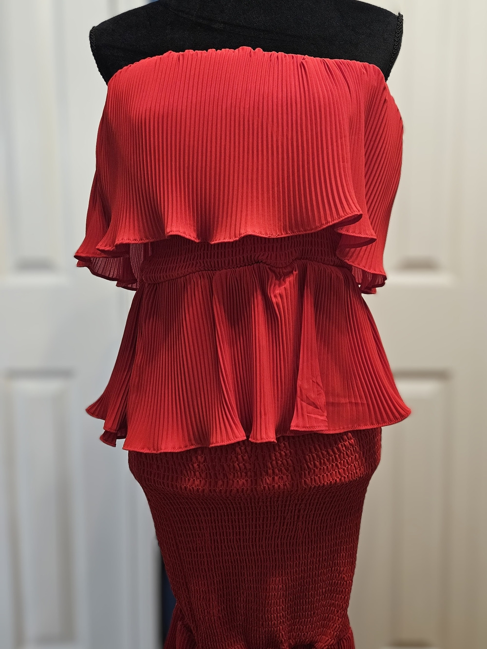 JLUXLABEL Strapless Pleated Red Tiered Dress
